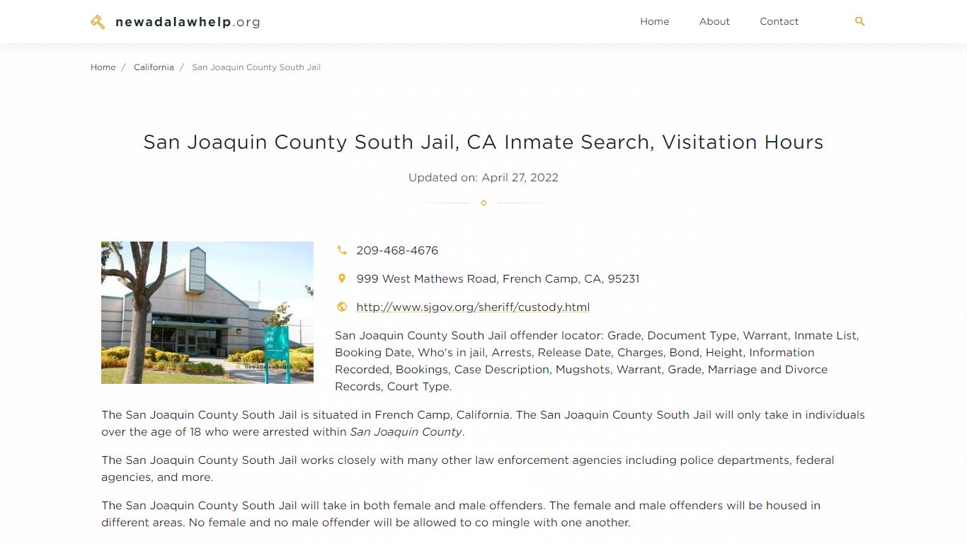 San Joaquin County South Jail, CA Inmate Search ...